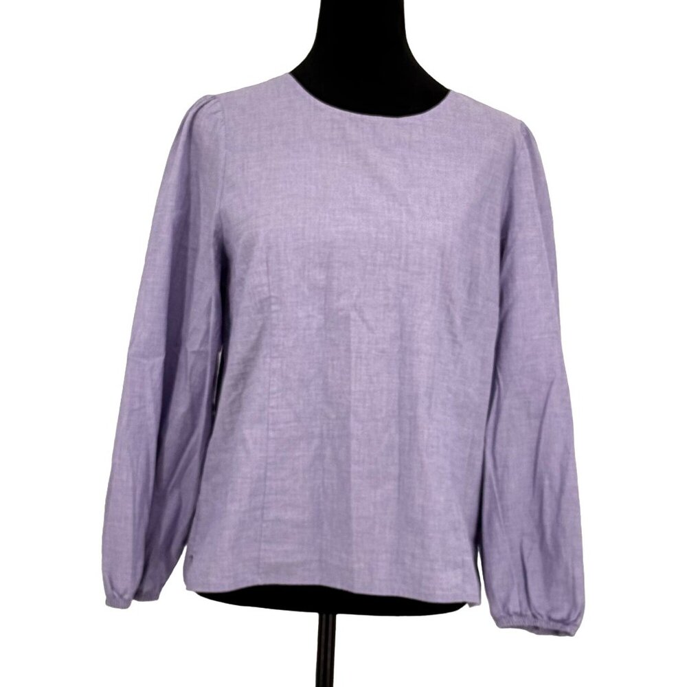 J‎ Crew Tailored Shirt Womens 10 Long Sleeve Blue Chambray Puff Sleeve Zip Back